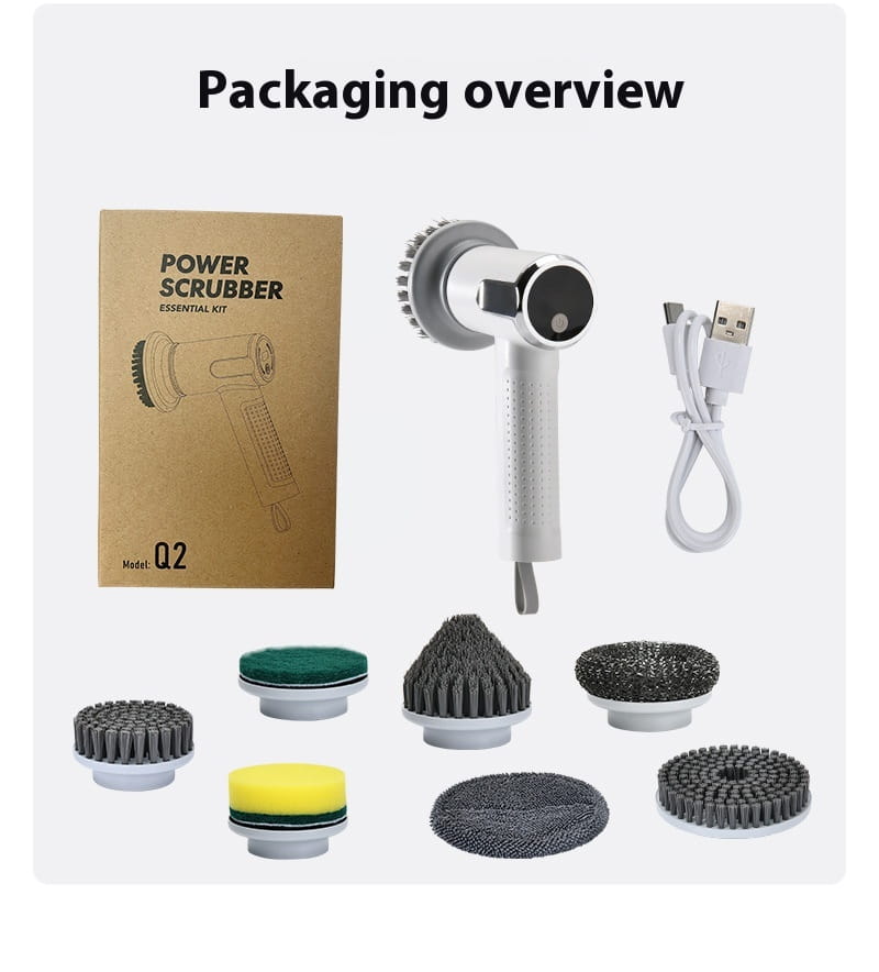 White and chrome-finished electric cleaning brush wireless smart scrubber tool with multiple interchangeable brush attachments for versatile cleaning tasks