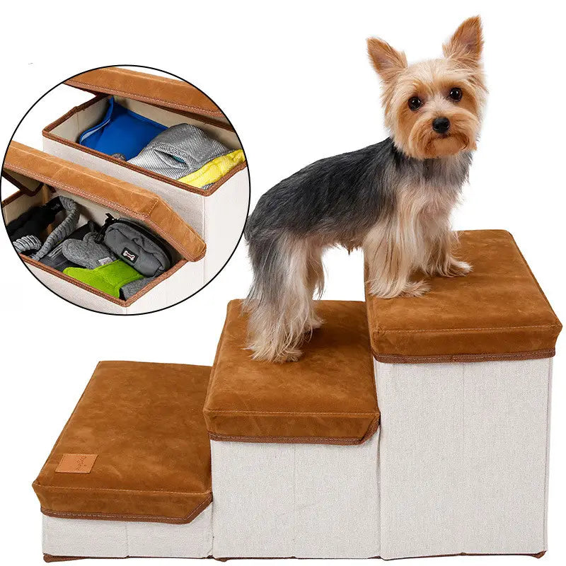 Brown and white foldable dog stairs made of fabric with cushioned plush steps supporting up to 25kg capacity for pets.