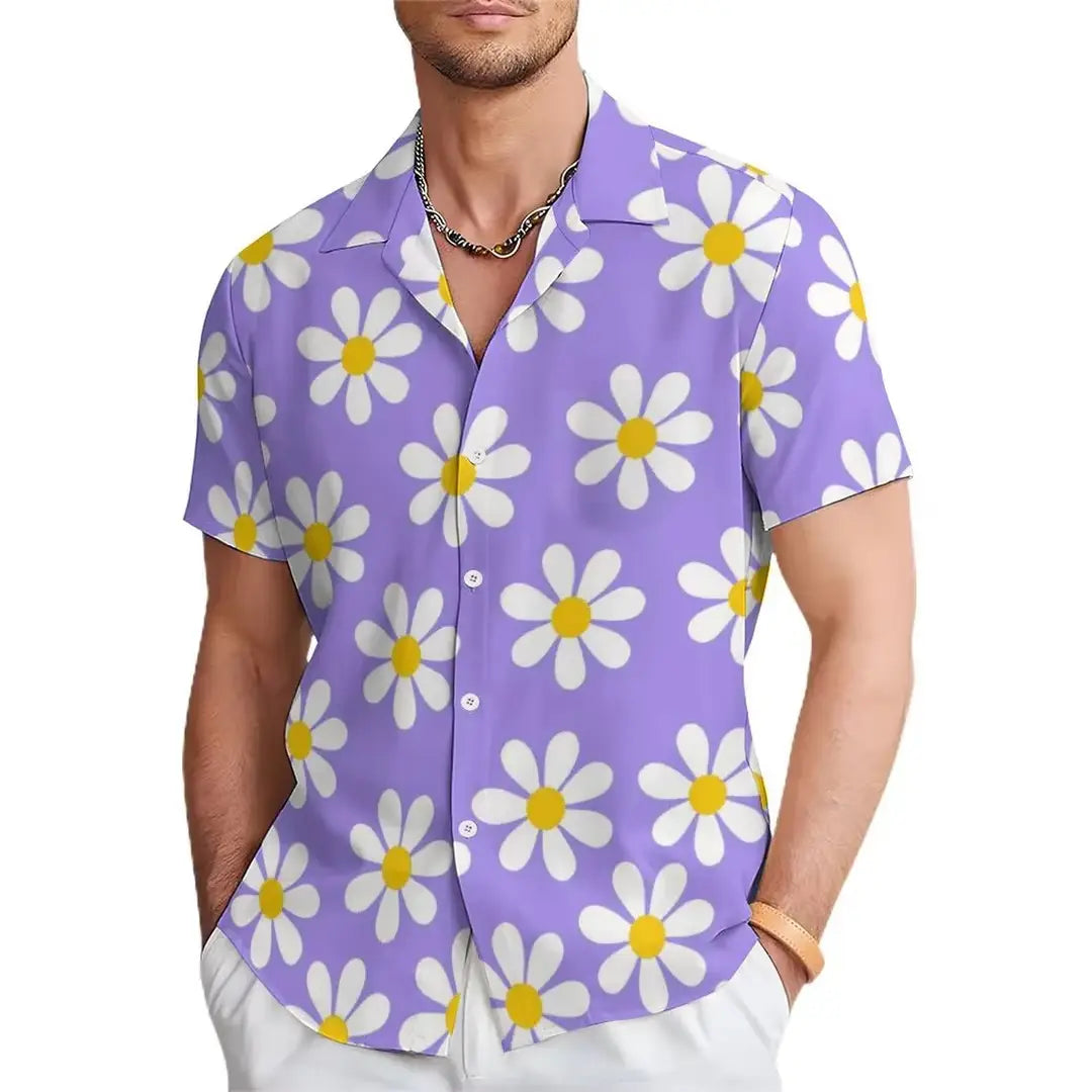 Men’s tropical surfing bigfoot short sleeve Hawaiian shirt in purple featuring a repeating pattern of white daisies with yellow centers.