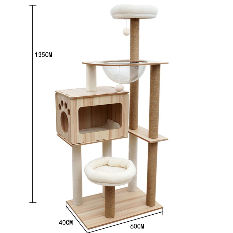 Beige wooden cat tree scratching post and condo with scratching posts, a cozy enclosed hideaway featuring paw print cutouts, and soft white cushioned platforms.