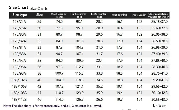 Size chart for men plus size stretch casual pants displaying measurements in centimeters for sizes 165/74a to 185/112b including waist, hip, leg circumference, foot opening, pant length, and older generation information.