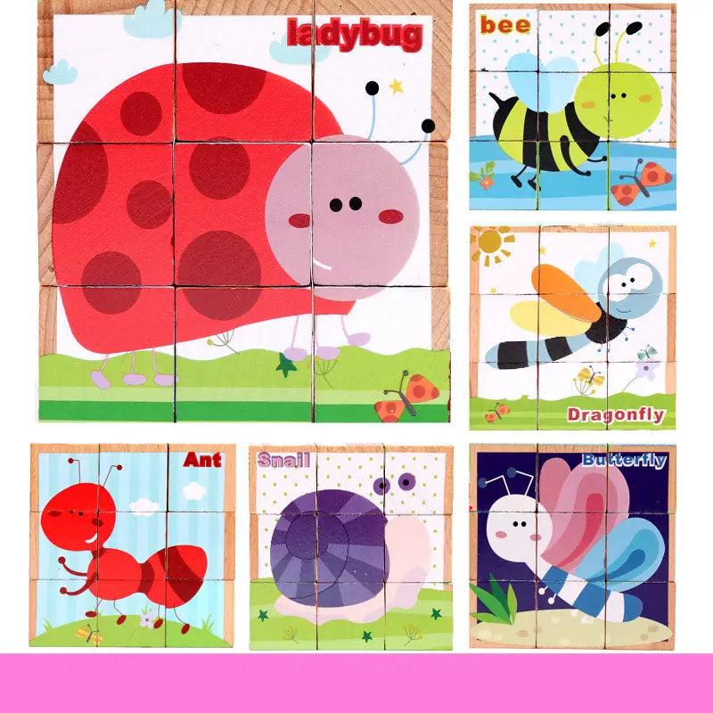 puzzle en cube en bois 6 en 1, jeu éducatif précoce, présentant des pièces de puzzle en bois à thème de coccinelle rouge et noire, avec des illustrations de style dessin animé.
