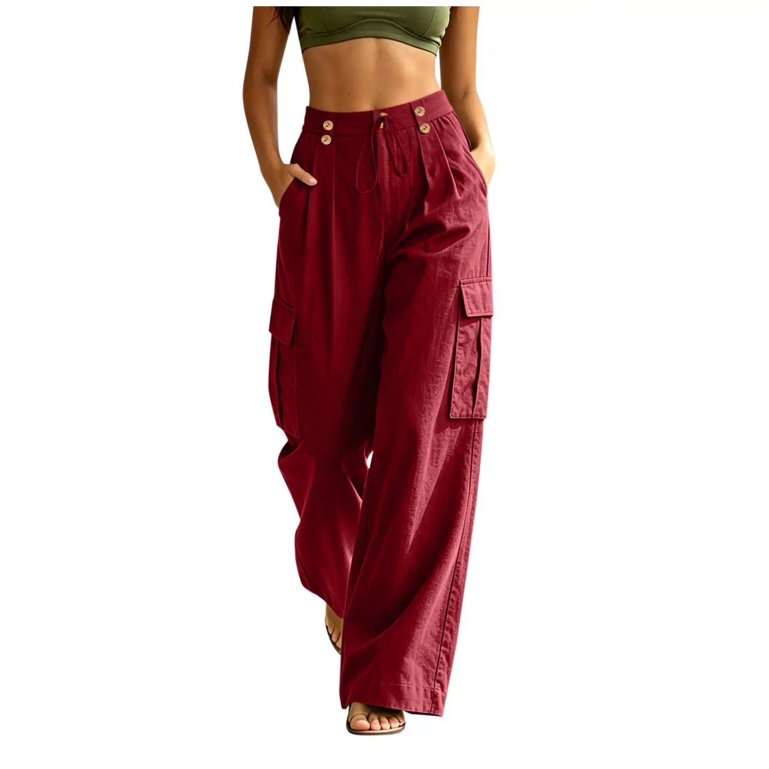 Pantalons cargo bordeaux à taille haute avec fermetures par boutons et grandes poches latérales, fabriqués en coton pour des tenues décontractées.