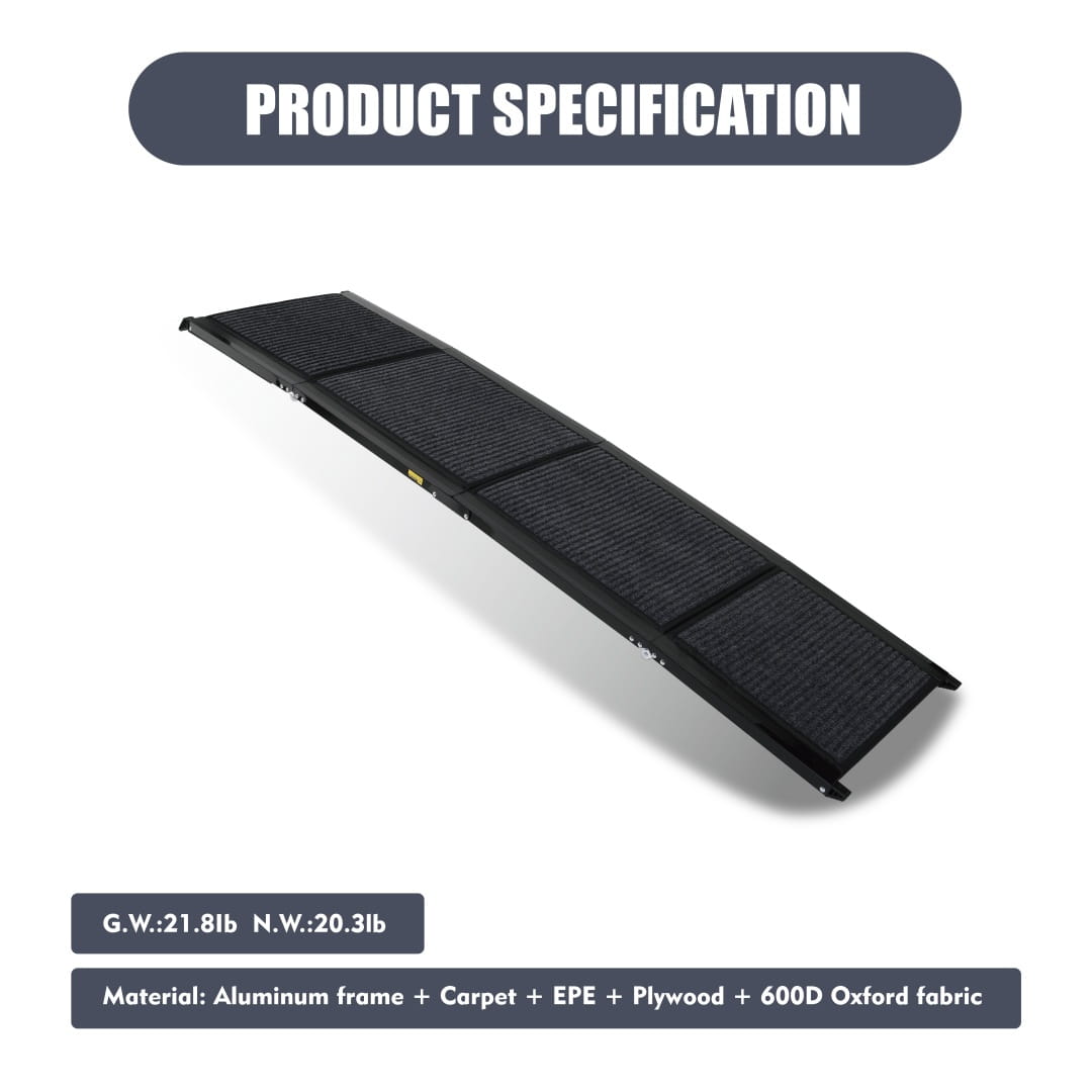 Rampe portative noire pour chien, surface en moquette texturée et cadre en aluminium, pour voiture, SUV et camion, supportant jusqu’à 113 kg (250 lb).