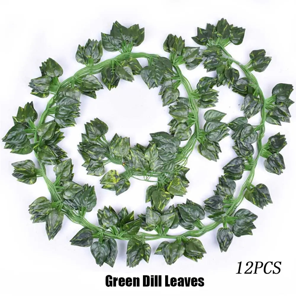 Artificial ivy garland featuring green artificial dill leaves with realistic varying shades of green foliage and a flexible plastic stem for decorative hanging.