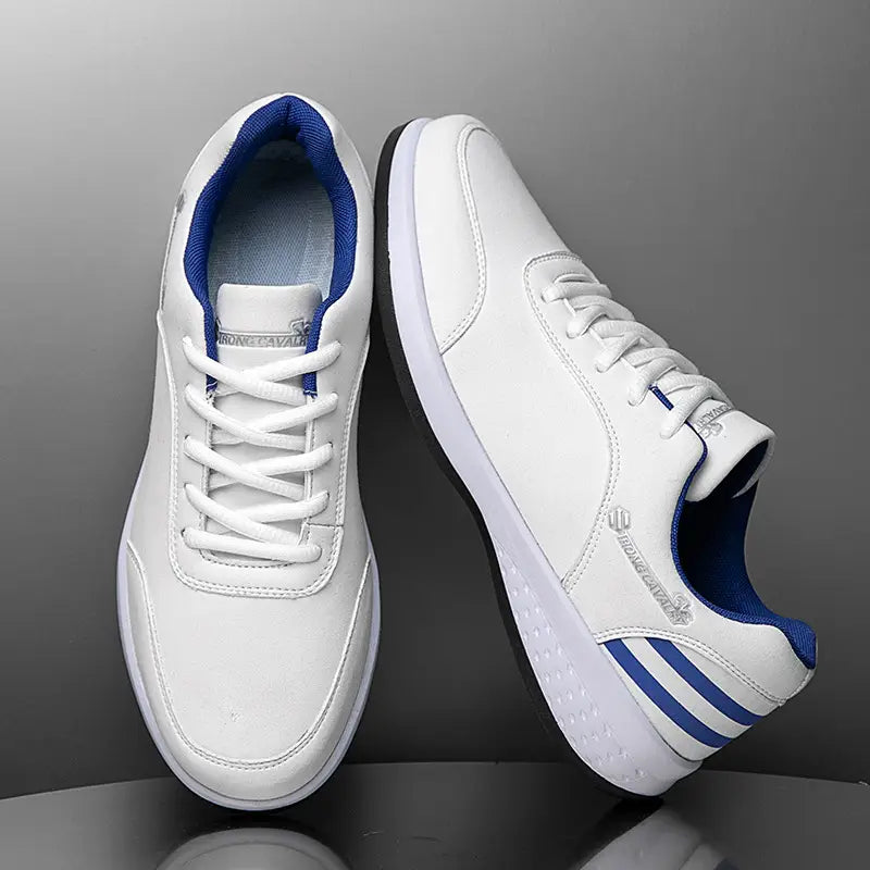 White leather sneakers with blue accents and three stripes on the side from Strong Cavalry breathable mesh casual athletic sneakers collection.