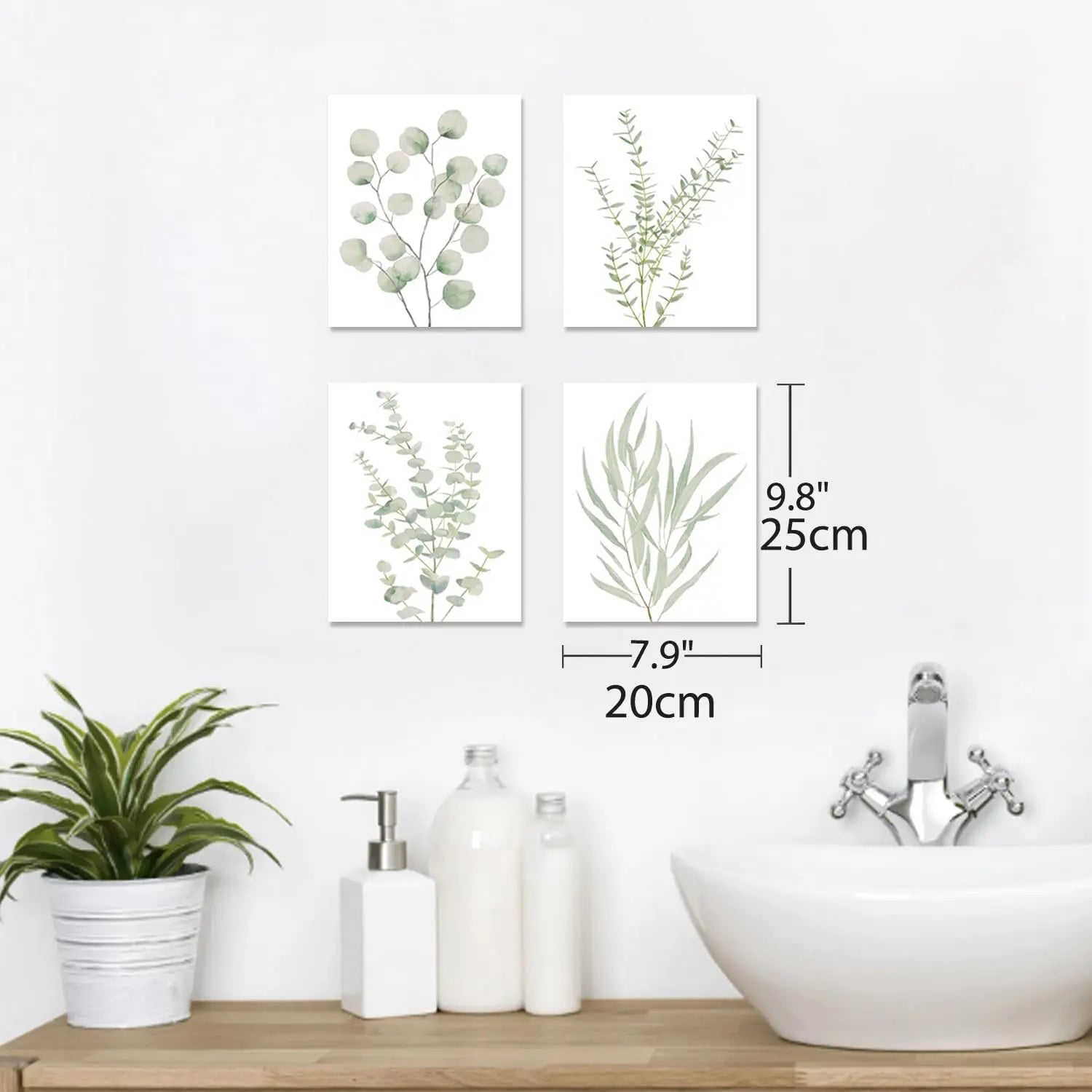 Set of four minimalist botanical canvas wall art prints featuring delicate eucalyptus and leaf illustrations in soft sage green on white canvas measuring 9.8 by 7.9 inches in a framed eucalyptus decor pack.