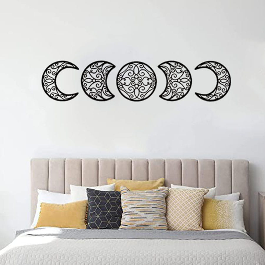 black metal wall art featuring five intricately designed moon phases in a moon phase wall art 5 piece black metal decor set