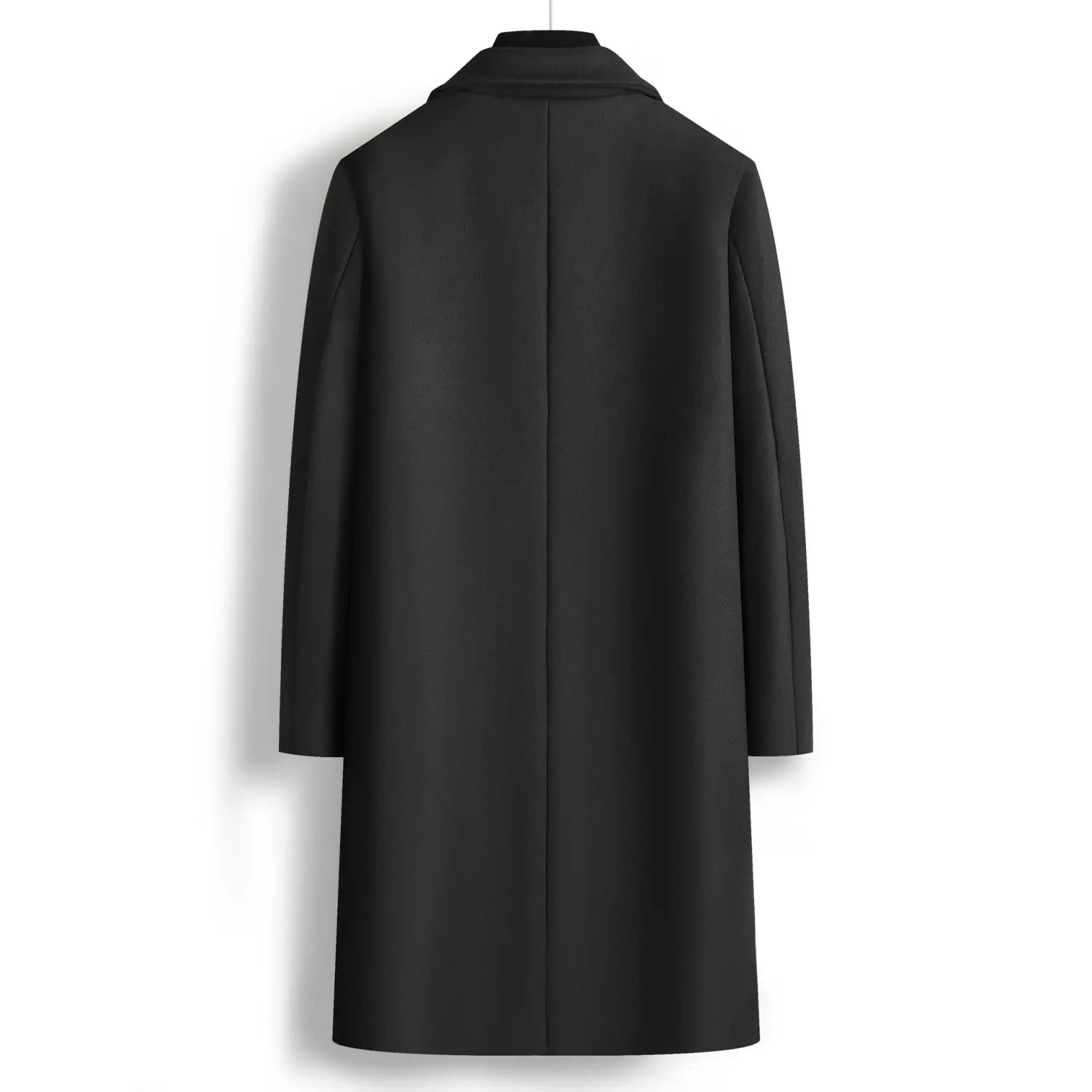 Men double breasted wool overcoat in black featuring a sleek classic collar and straight cut silhouette in a mid length design.