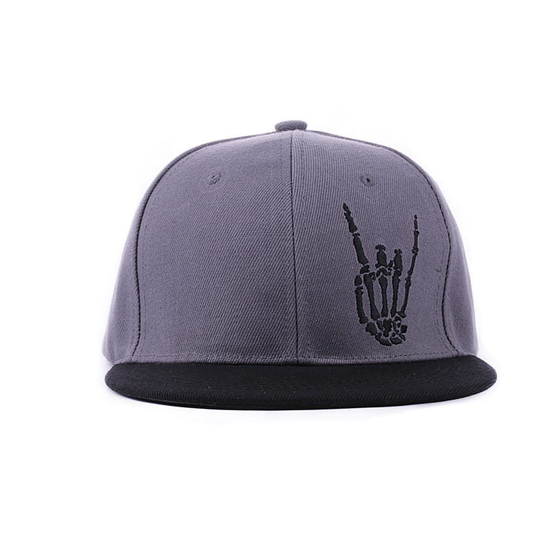 Gray snapback baseball cap with a black flat brim featuring a black embroidered skeleton hand gesture on the front.