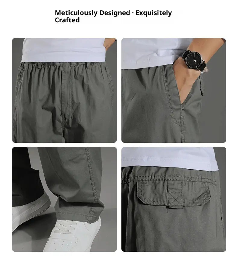 olive green men’s japanese style cotton straight leg workwear cargo pants with multiple pockets and a drawstring waistband.