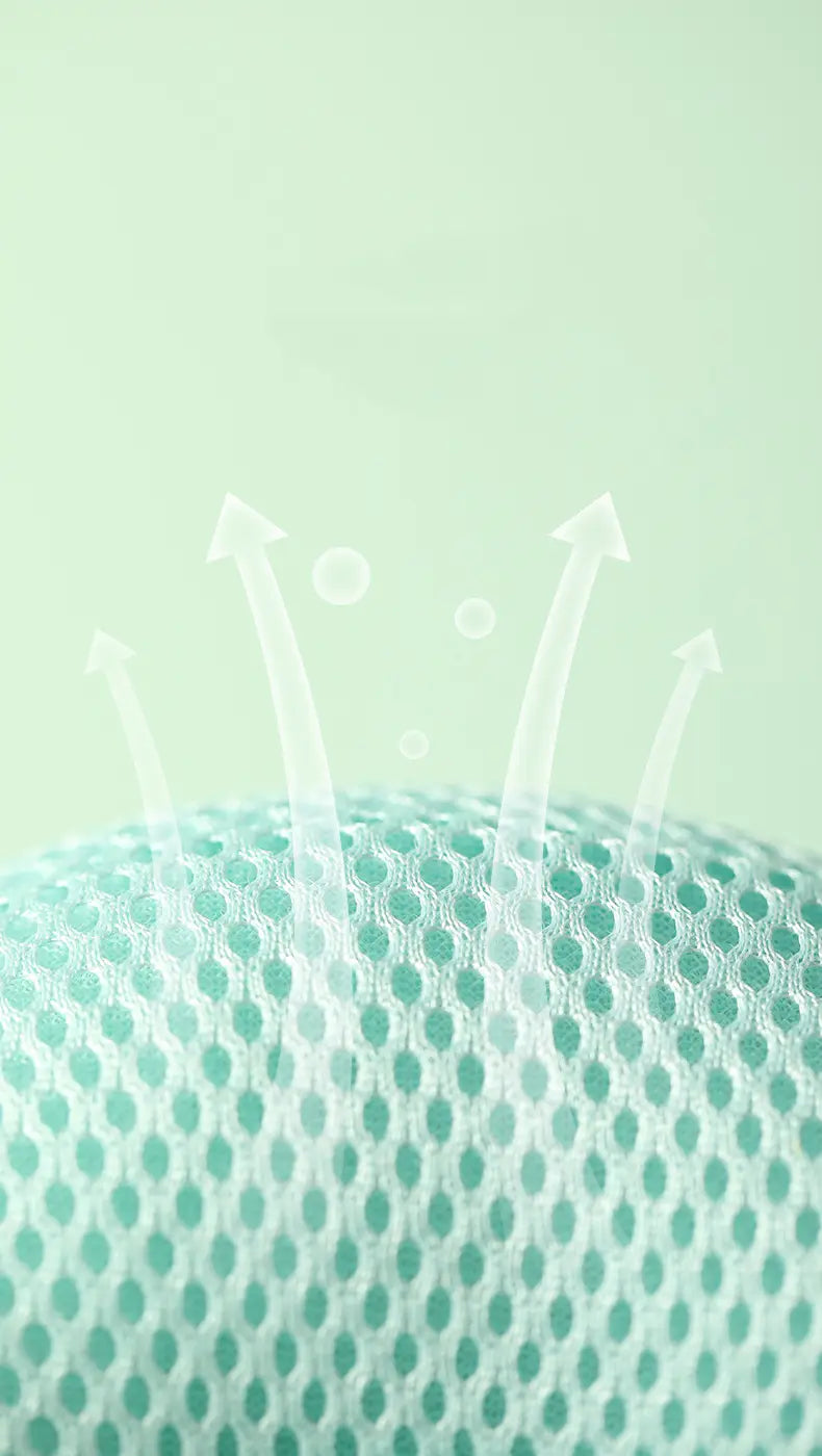 a light teal breathable mesh fabric with a hexagonal pattern on the back side of a baby head protector anti fall plush backpack cushion