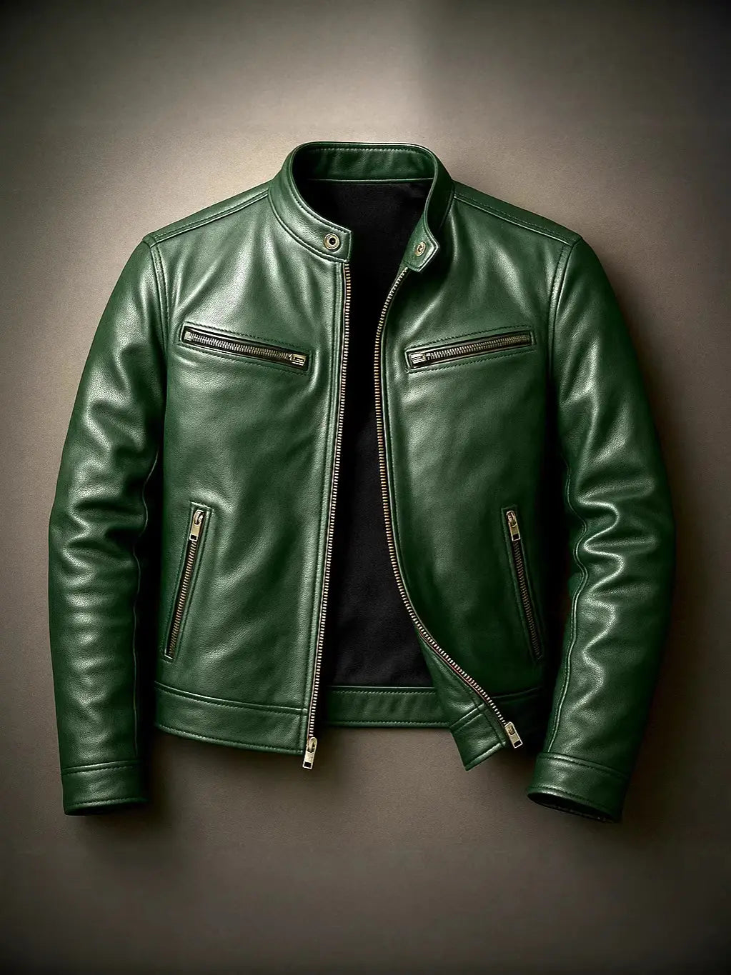 A sleek dark green pu leather men motorcycle jacket with silver zippers and a classic stand collar.