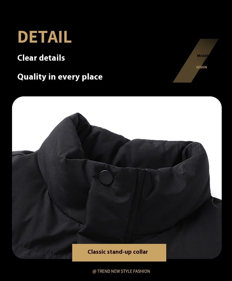 Black puffer jacket with a classic stand-up collar and a single button closure, designed as a men’s warm padded down jacket in gray.