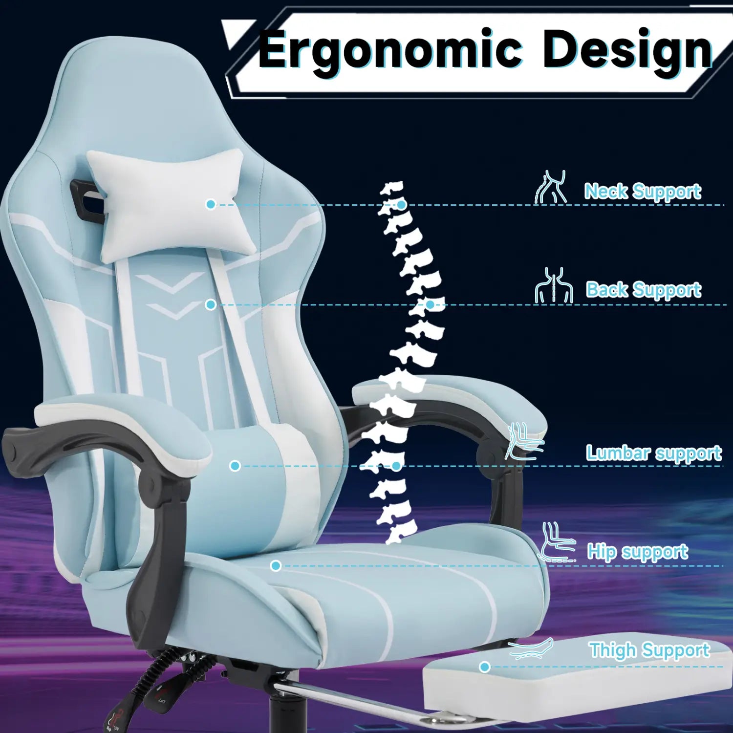 Light blue and white ergonomic gaming chair with black armrests and footrest featuring massage lumbar support for enhanced comfort during extended gaming sessions.