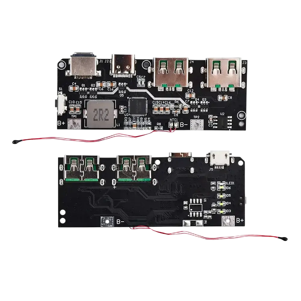 Black rectangular circuit board with usb ports and electronic components for 22.5w fast charging wireless charger module with lcd display