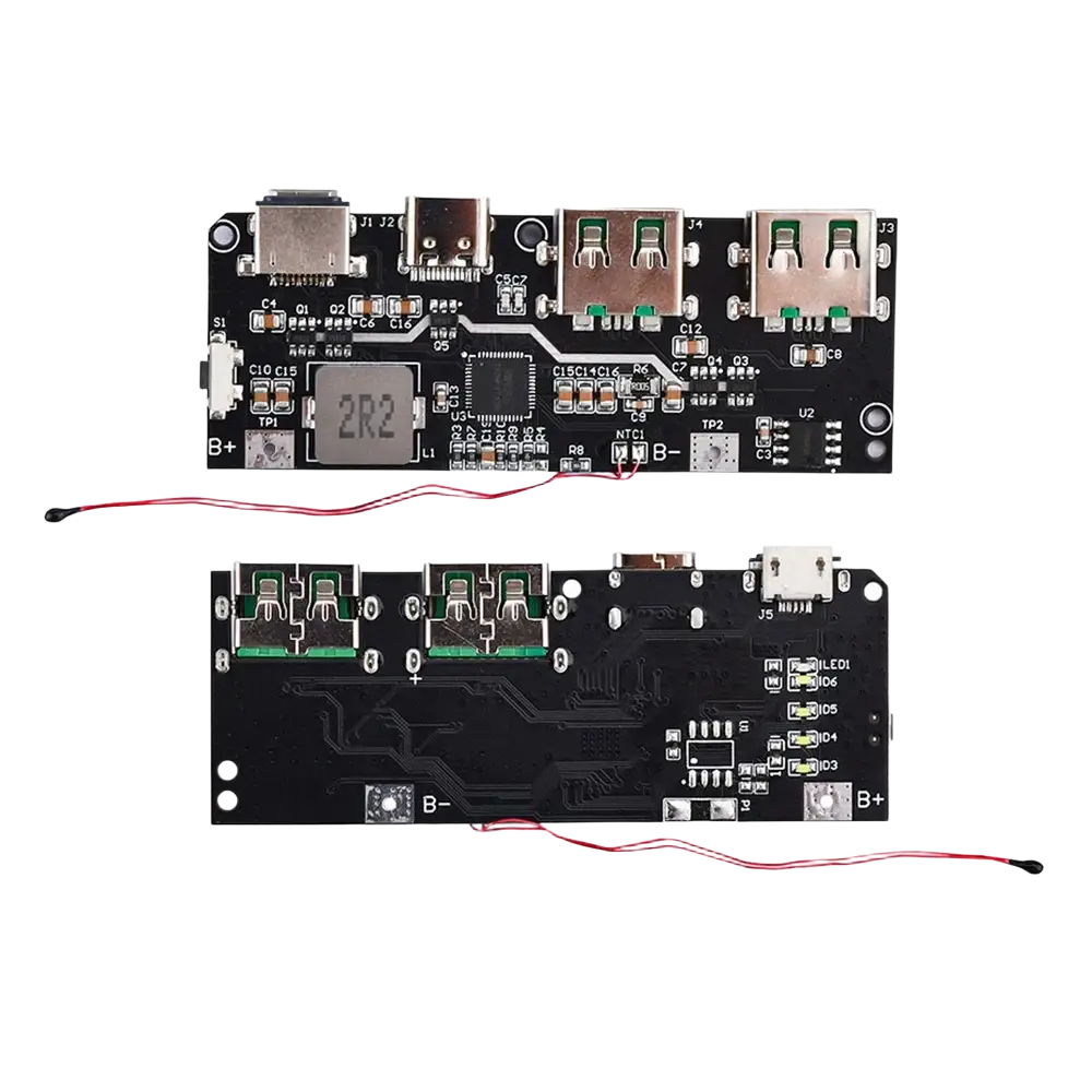 Black rectangular usb charging board with circuitry showing output support for 22.5w fast charging wireless module