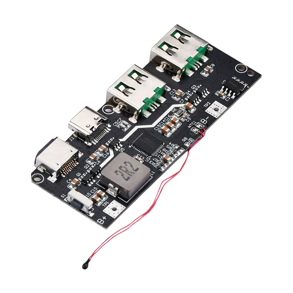 Black rectangular usb charging board with three silver usb ports and hdmi port with red wire output supports fast charging