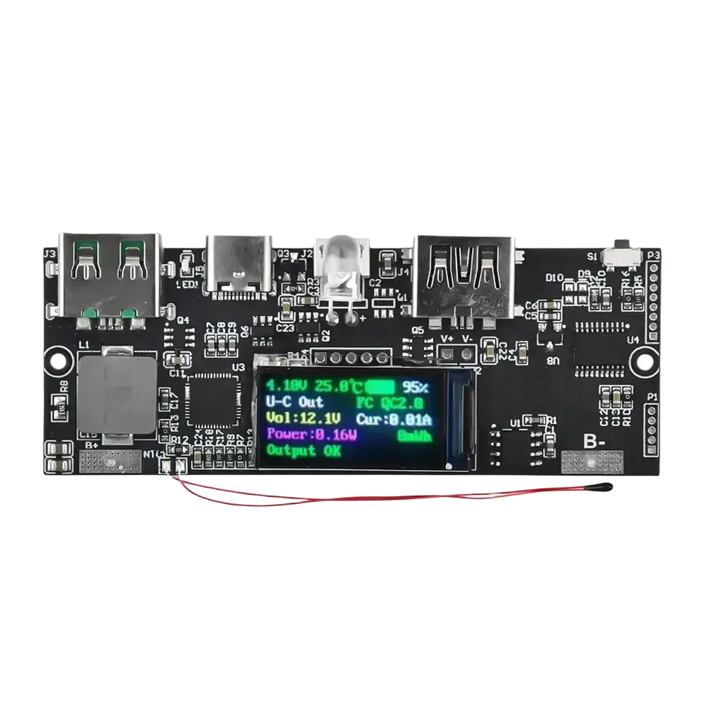 Black rectangular fast charging wireless charger module with green lcd display showing voltage temperature and battery status