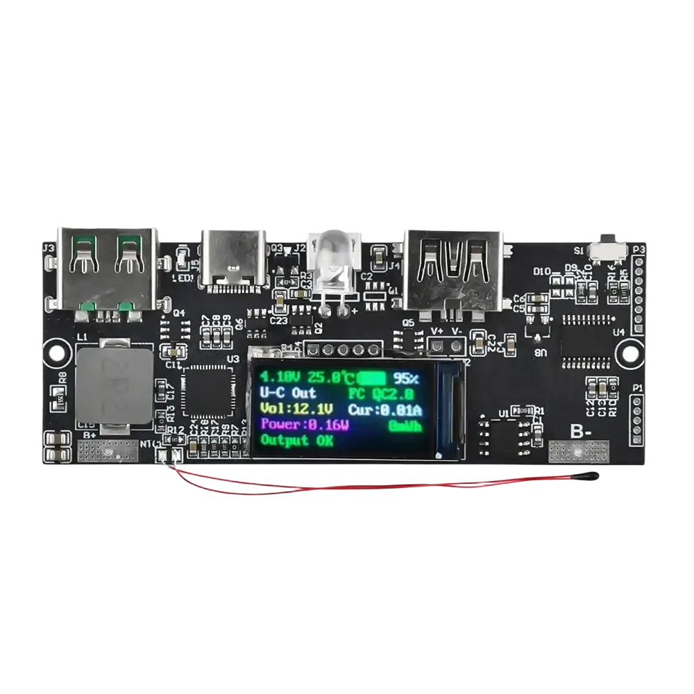 Black electronic power supply board with colorful lcd display showing voltage current and temperature for fast charging output support