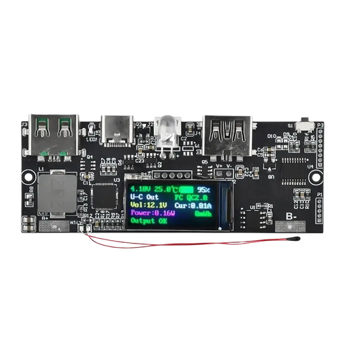 Black electronic power supply board with colorful lcd display showing voltage current and temperature for fast charging output support