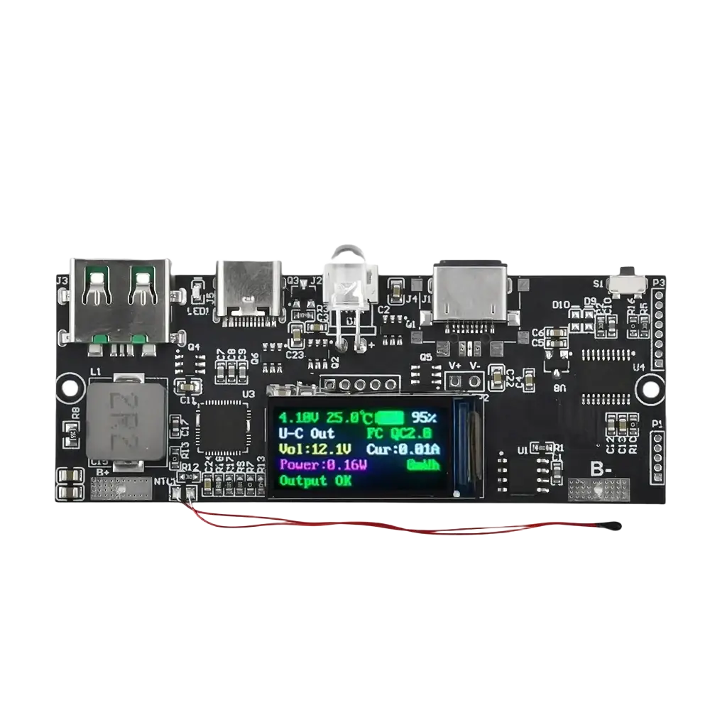 Black rectangular fast charging wireless charger module with lcd display shows voltage temperature and battery status