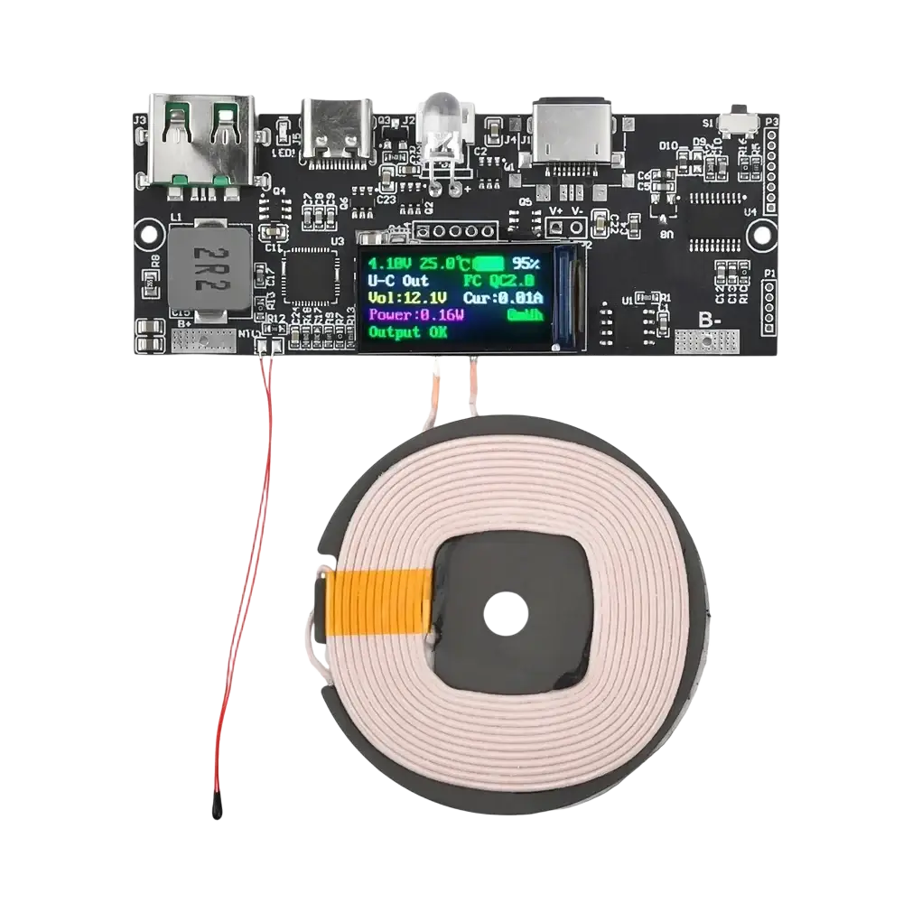 Black 22.5w fast charging wireless charger module with lcd display features circular coil pad and output support