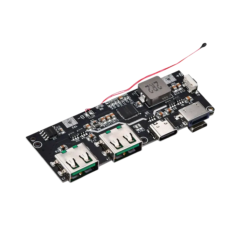 Black circuit board with three usb ports and micro-usb port for 22.5w fast charging wireless charger module output support