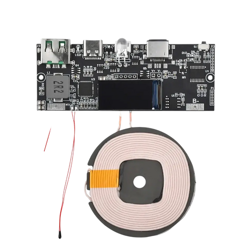 Black circuit board with usb ports and lcd screen connected to beige and orange 22.5w fast charging wireless charger module with output support