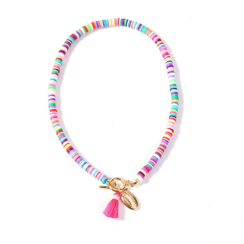 Bohemian rainbow beaded choker featuring colorful beads with shell and tassel charms in pink and a gold-toned toggle clasp.