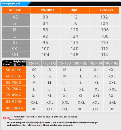 Size chart for men waterproof thermal snow pants showing measurements in centimeters and weight ranges for accurate winter outdoor wear sizing.