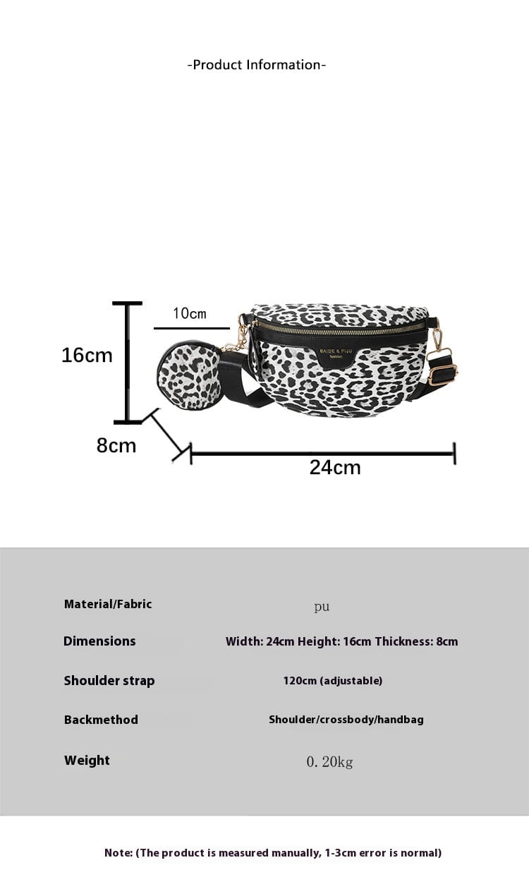 Sac banane en cuir synthétique à imprimé léopard noir et blanc avec pochette à monnaie, bretelle d’épaule réglable, conçu pour une commodité mains libres.