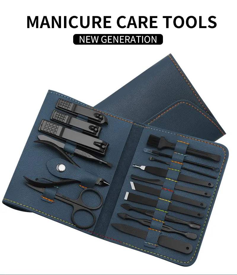 Navy blue leather case holding a 16 piece professional manicure and pedicure kit with black manicure care tools.