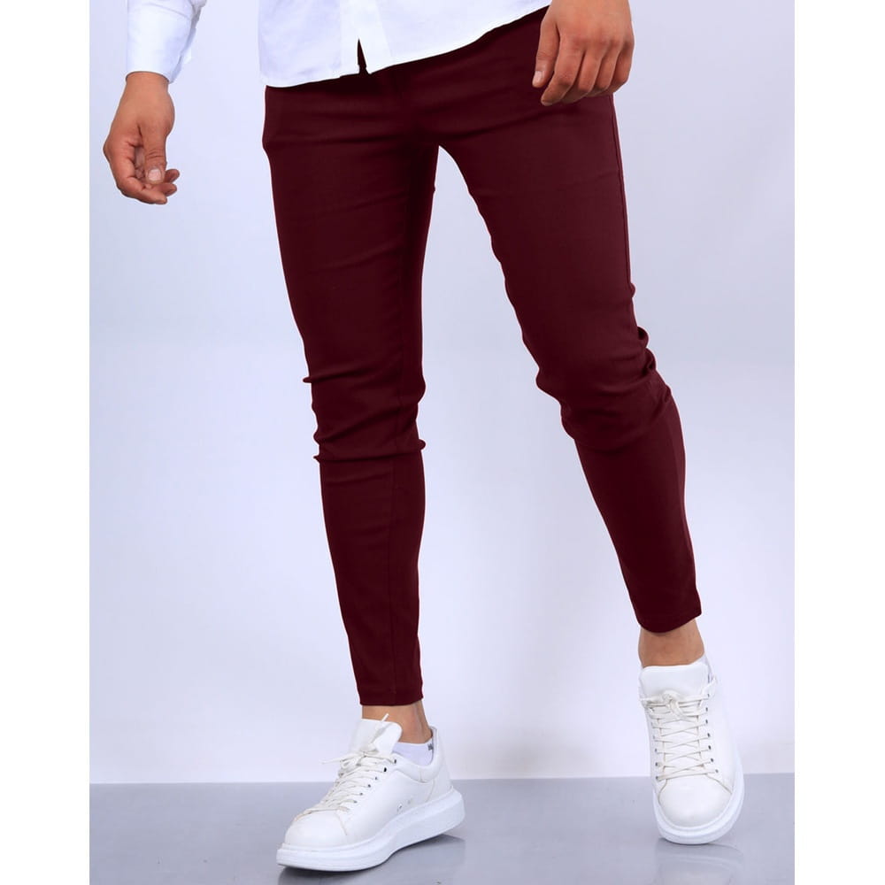 Crisp burgundy slim fit modern cotton blend pencil trousers featuring a tailored cut.