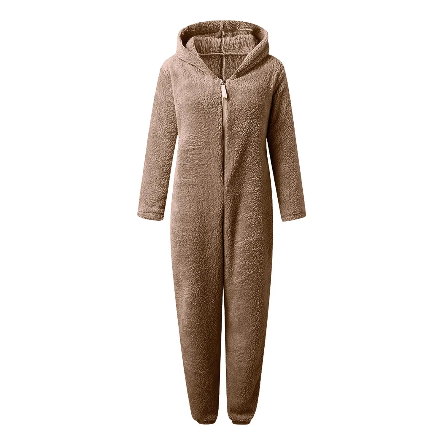 Pijamas tipo mono de forro polar suave marrón con capucha con orejas de gato, con cierre frontal, de una sola pieza.