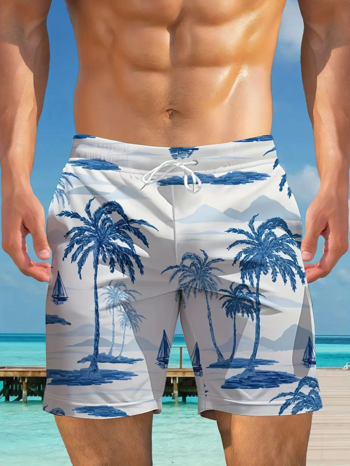 White men’s casual swim trunks featuring a blue tropical palm tree and sailboat pattern ideal for beachwear and swimming.