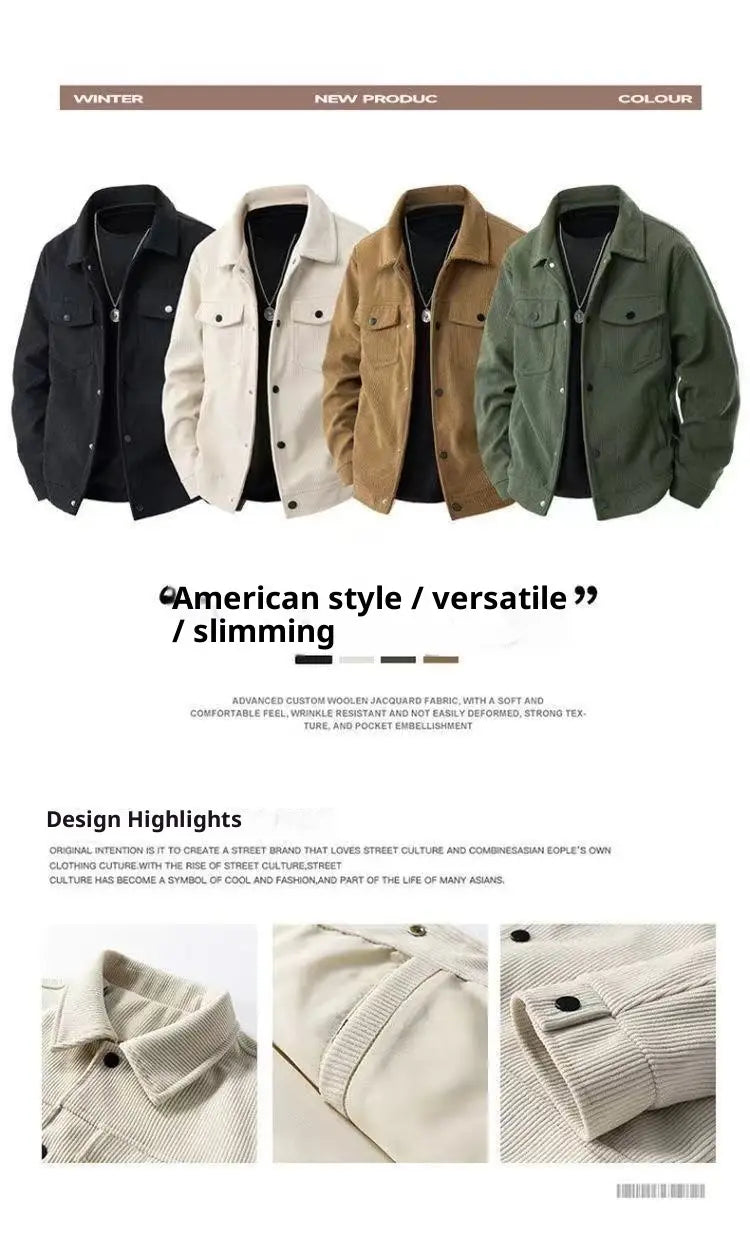 Vier Herren-Arbeitsjacken im amerikanischen Stil aus Cordstoff in Schwarz, Creme, Hellbraun und Olivgrün mit Wollmaterial und lockerer, legerer Reversgestaltung.