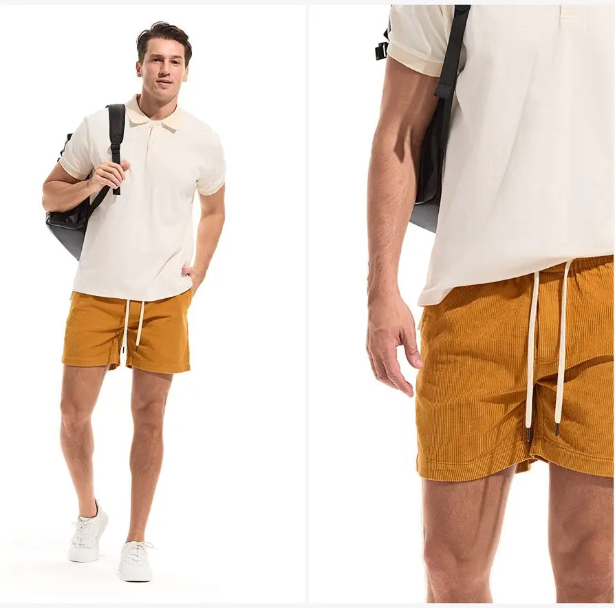 Men cotton corduroy shorts in mustard yellow with white drawstrings designed for casual summer wear.