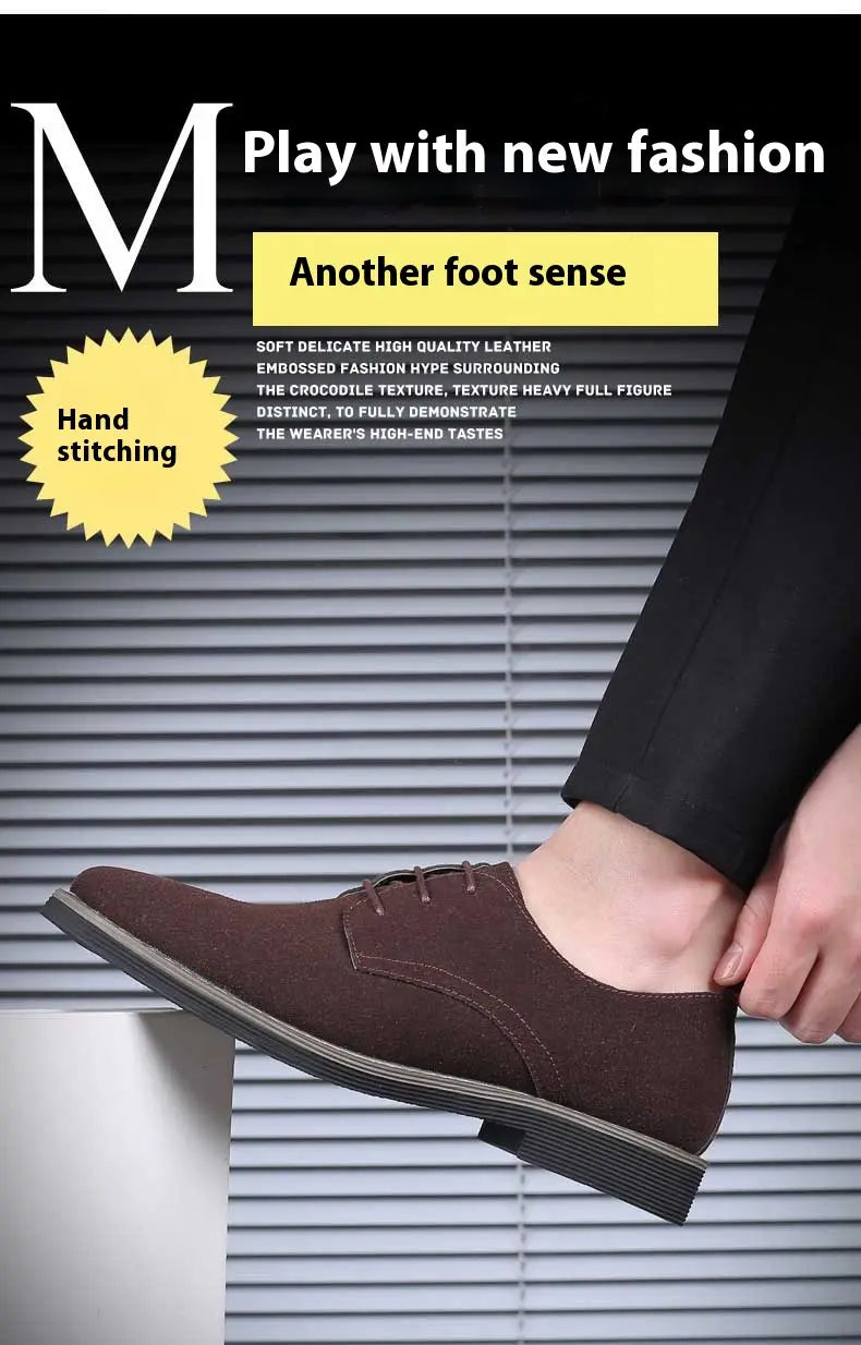 Men’s plus size British style suede casual oxford shoe in brown with black rubber sole and hand-stitched detailing.