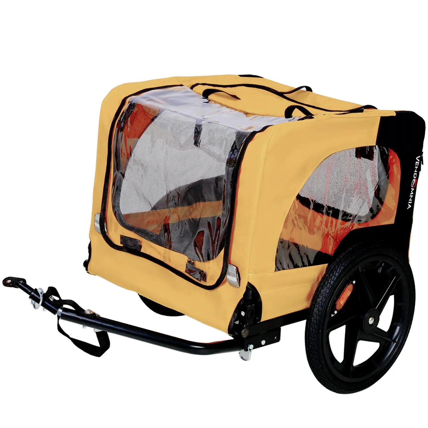 Yellow heavy duty foldable dog bicycle trailer with clear mesh windows, sturdy frame, and wheels for easy towing.