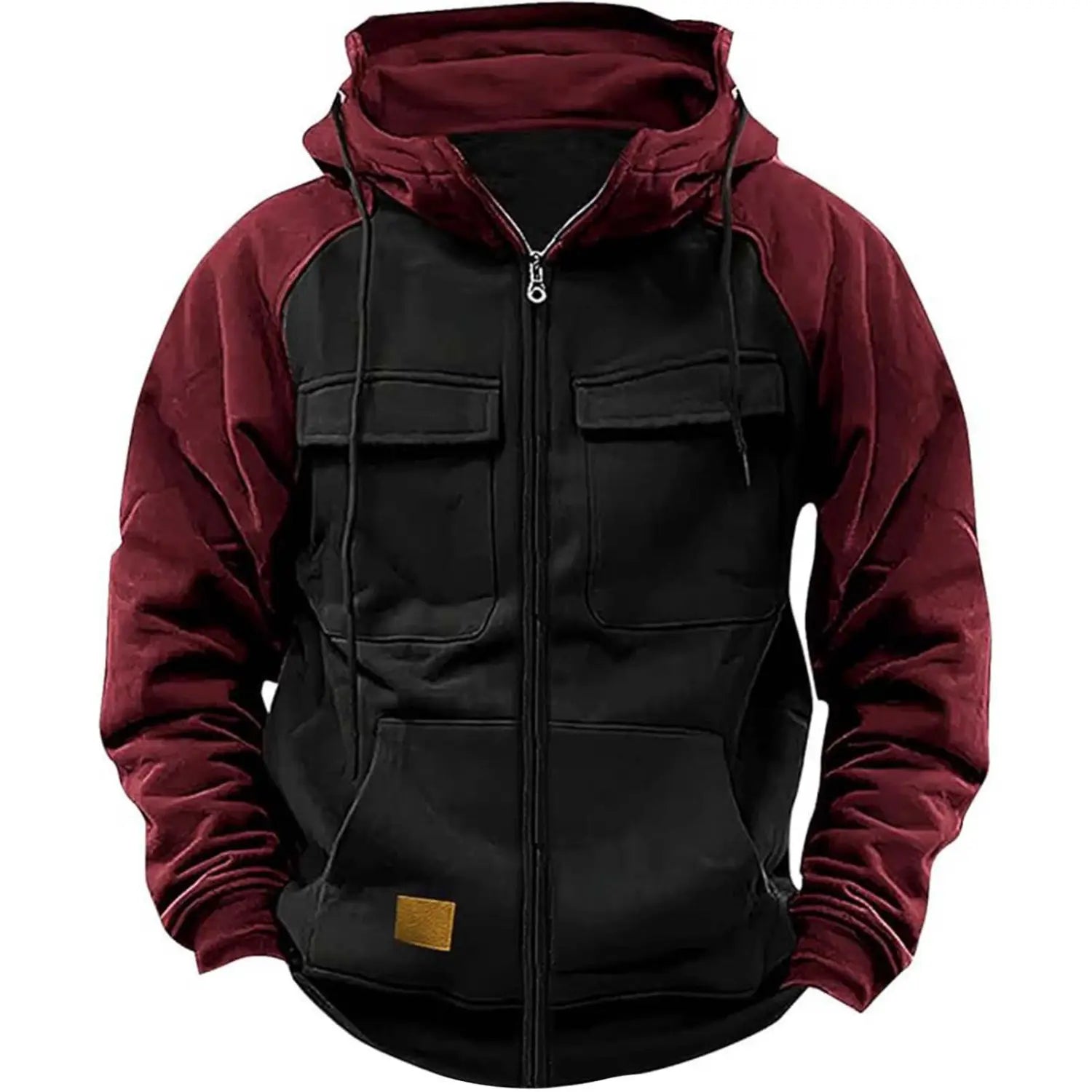 Men’s retro velvet lined multi pocket zip hoodie in black and maroon color-block design with plush velvet sleeves and hood, two front pockets, and a small gold-tone label at the waist.