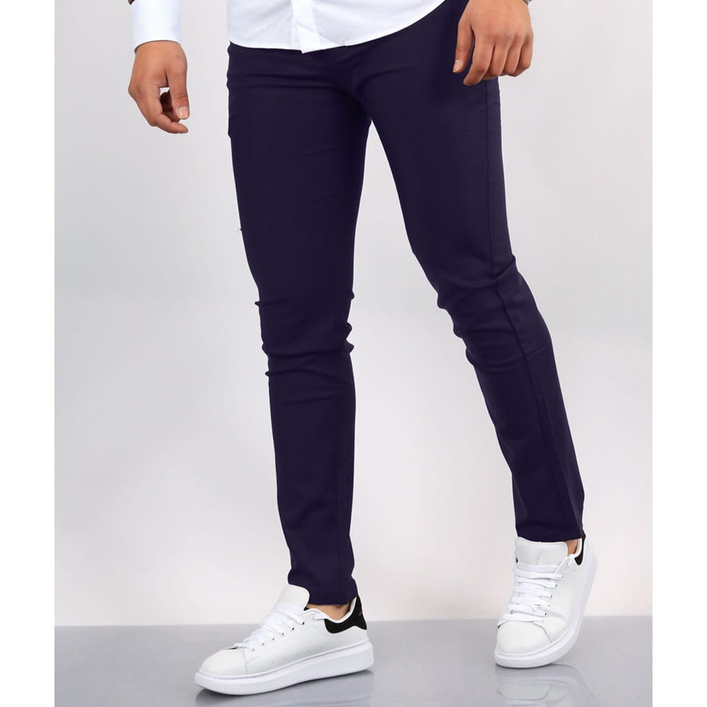 Navy blue men’s slim fit modern cotton blend pencil trousers showcasing a tailored silhouette.