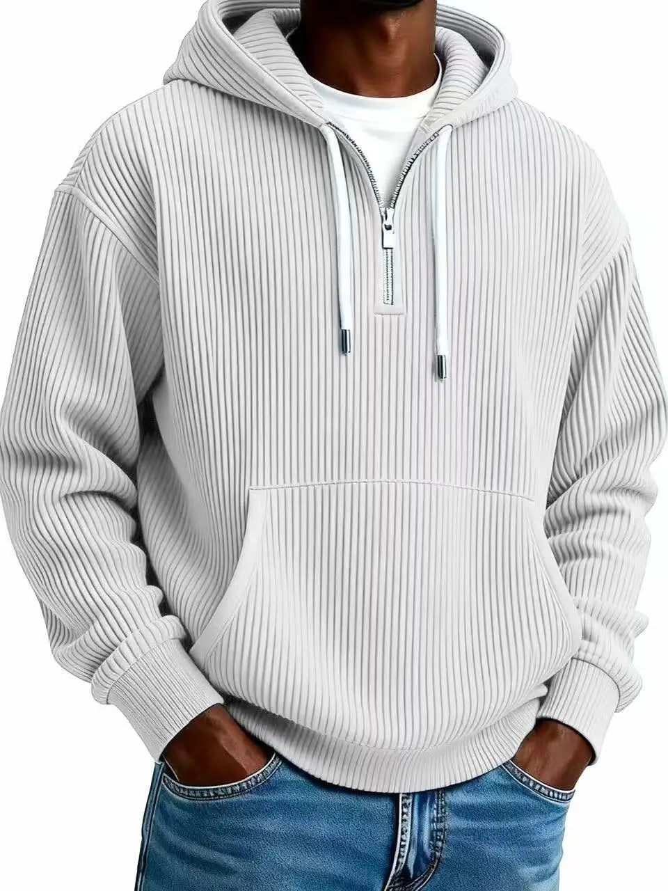 Men’s light gray ribbed corduroy pullover hoodie with half zip front and drawstring hood.