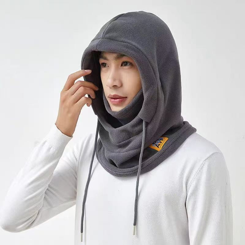 Gray windproof fleece balaclava ski mask hat with hooded neck warmer, drawstrings, and a small yellow logo patch.