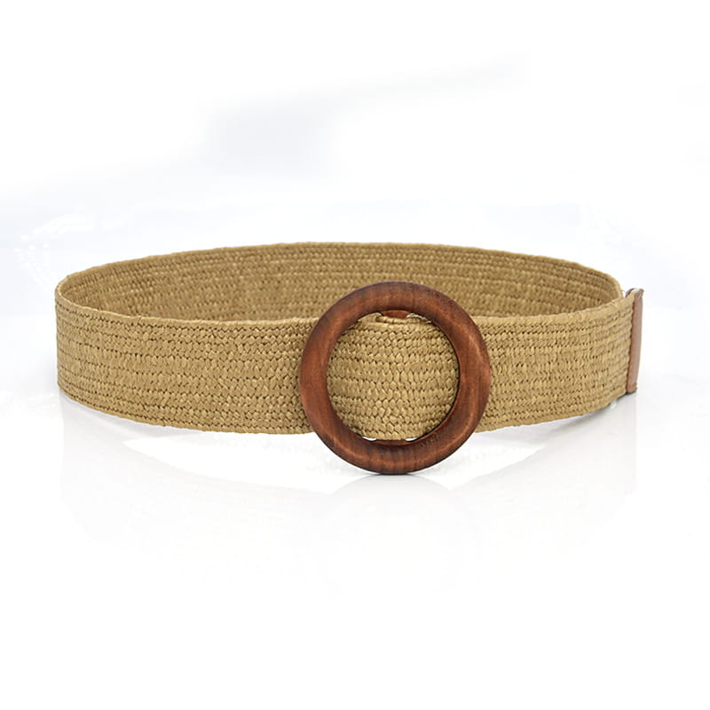 Beige woven elastic belt with round wooden buckle showcasing key material and design features.