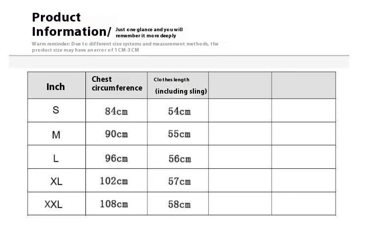 Size chart for sequin bead sling vest black gold corset top displaying chest circumference and length measurements in inches for sizes s through xxl.