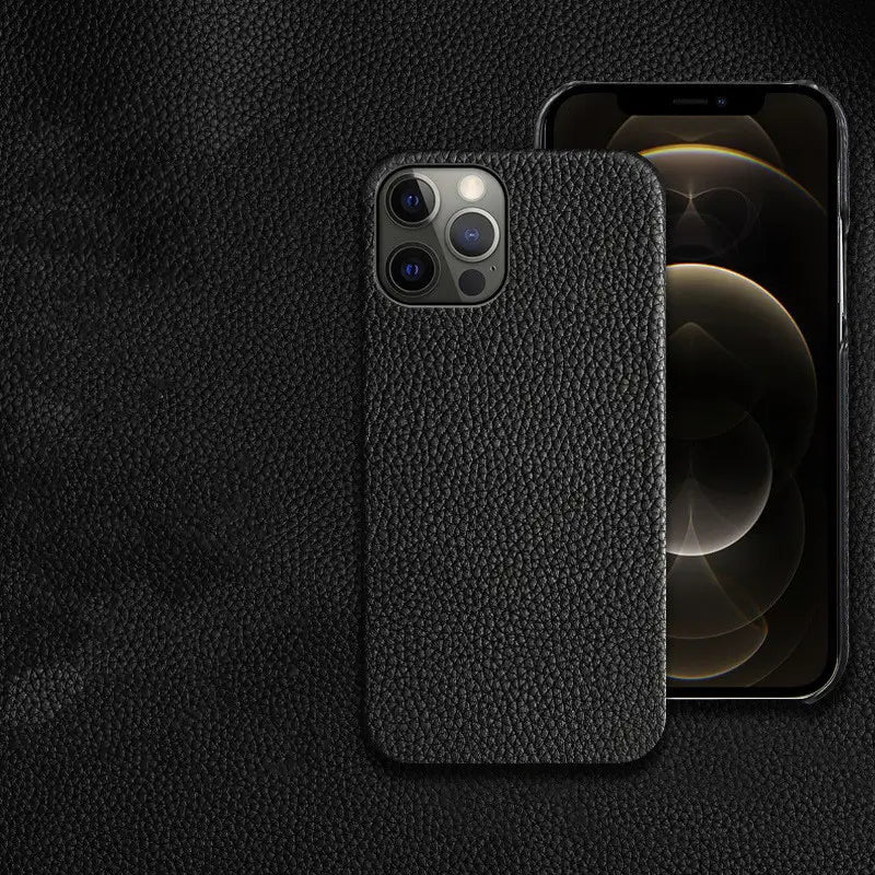 Black textured genuine leather anti drop phone case for iPhone 12 Pro shown from the back side.