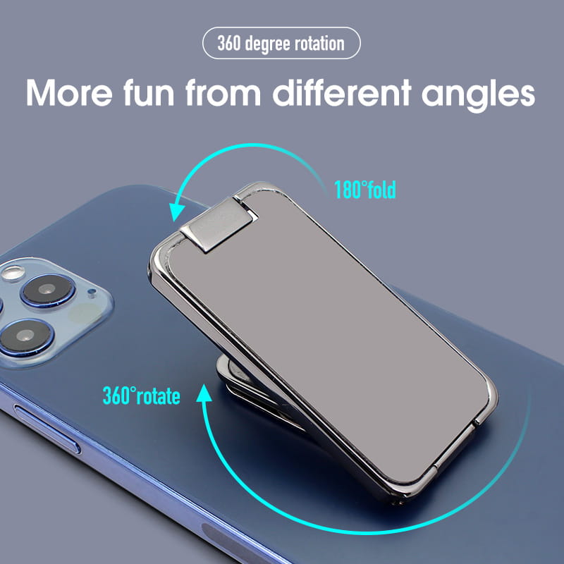 silver metallic magnetic phone ring holder foldable desktop stand with sleek minimalist design and rounded edges