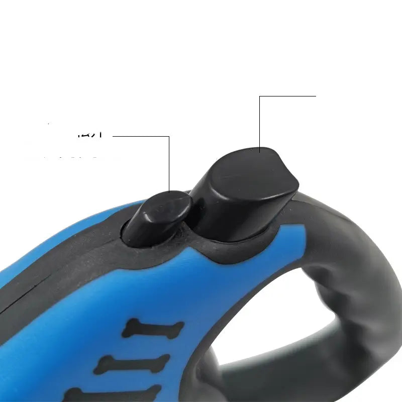 Retractable dog leash with ergonomic handle in blue and black featuring a textured grip for comfortable control.