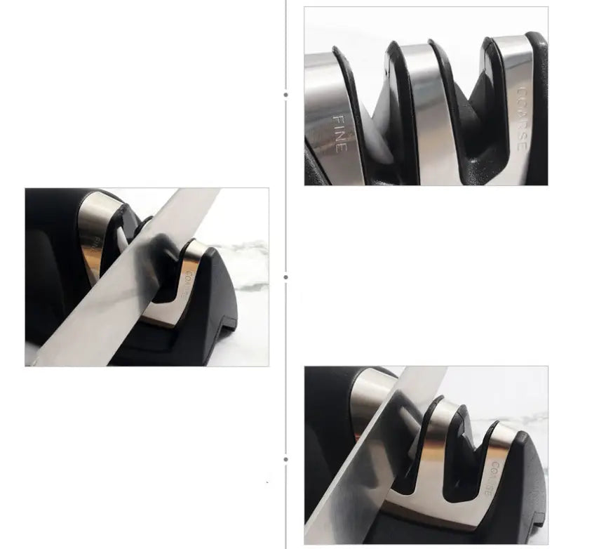 Affûteur de couteaux portatif à double étape en plastique noir et en acier inoxydable, avec réglages fins et grossiers ajustables et trois fentes d’affûtage pour un design en forme de souris.